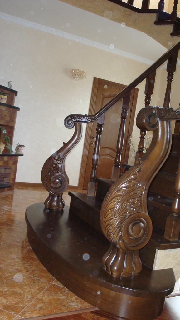Eleganckie, ciemne schody drewniane z bogato rzeźbioną balustradą, widoczne detale zdobień i połysk lakieru. W tle drzwi i fragment ściany.