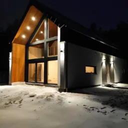 Nowoczesny dom jednorodzinny z dużymi oknami i drewnianą fasadą oświetlony nocą, pokryty śniegiem.