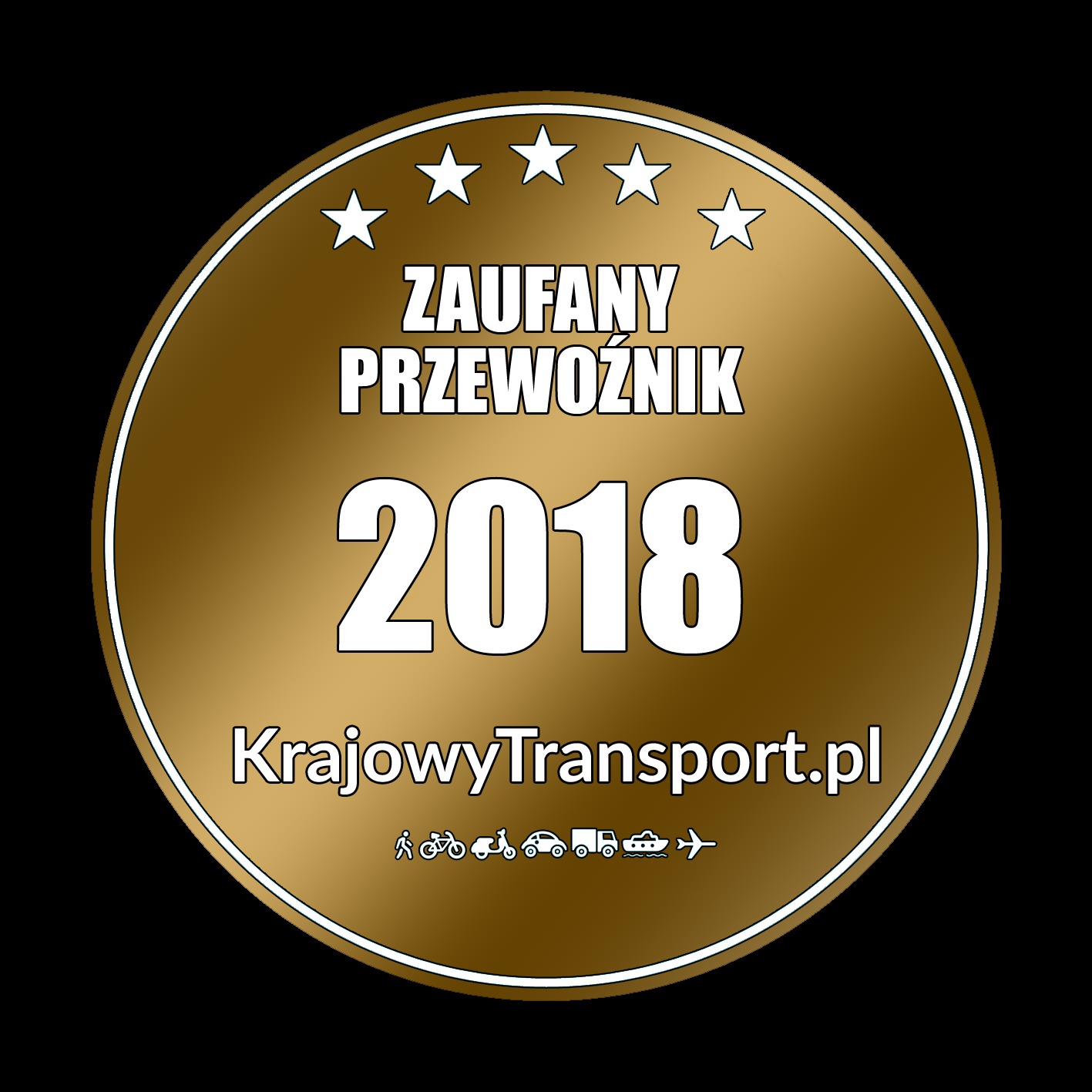 Złota odznaka 'Zaufany Przewoźnik 2018' z adresem KrajowyTransport.pl i ikonami różnych środków transportu.