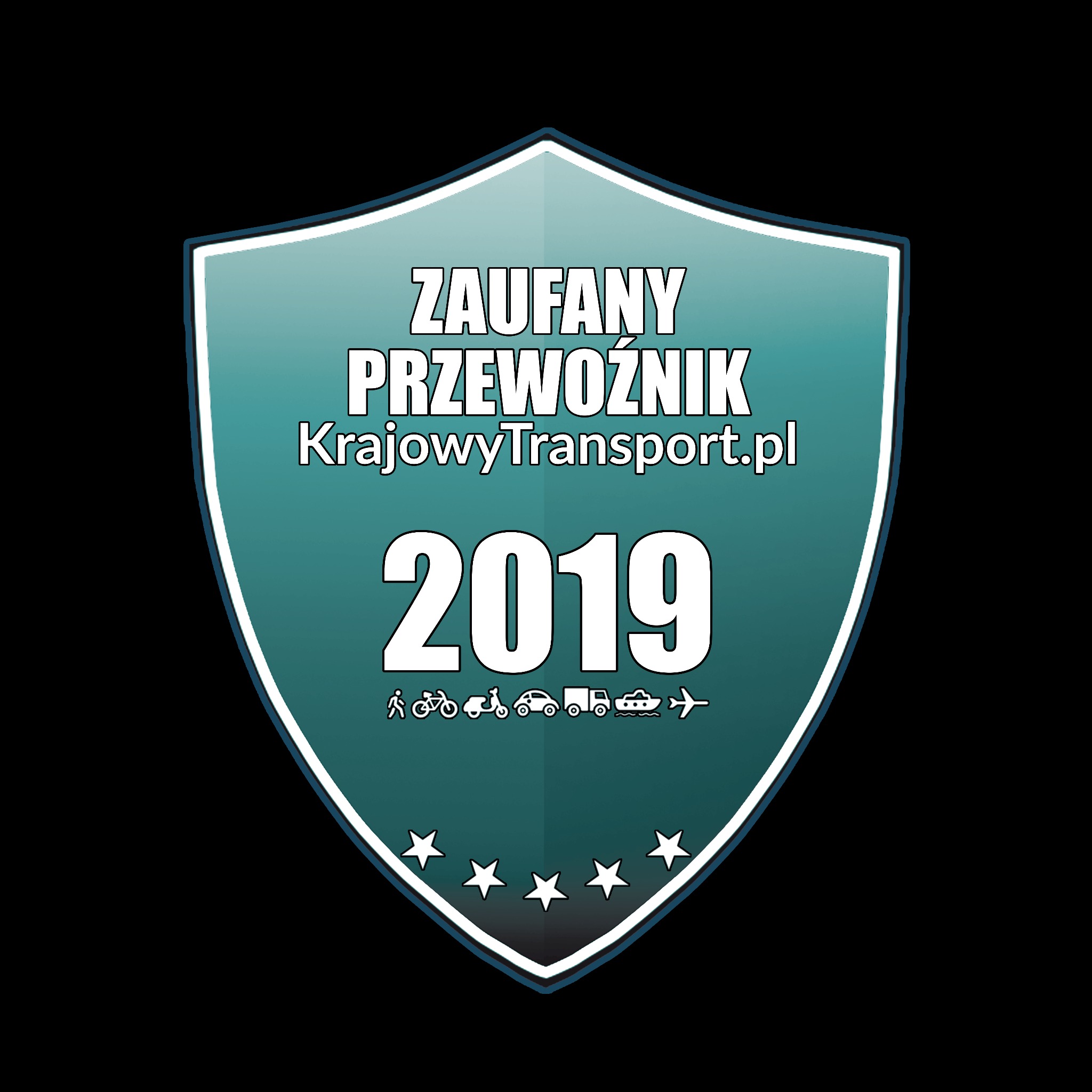 Logo firmy transportowej KrajowyTransport.pl z napisem Zaufany Przewoźnik, rok 2019, oraz ikonami różnych środków transportu: pieszy, rower, skuter, samochód, furgonetka, statek, samolot.