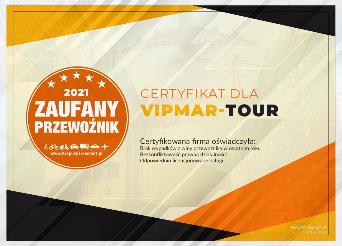 Certyfikat 'Zaufany Przewoźnik 2021' dla firmy VIPMAR-TOUR, potwierdzający brak wypadków z winy przewoźnika i bezkonfliktową działalność, ważny do 12.03.2022.
