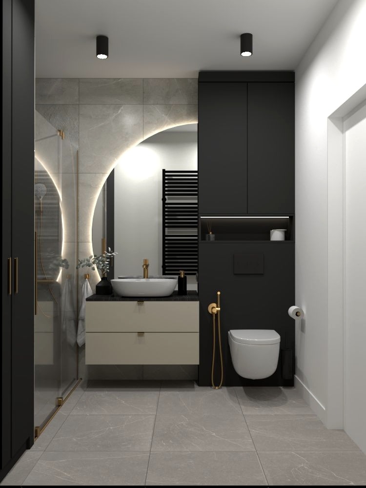 Nowoczesna łazienka z podświetlanym lustrem w kształcie łuku, wiszącą toaletą i złotą armaturą, minimalistyczny design.