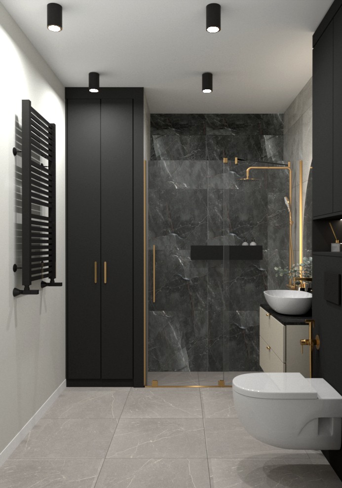 Nowoczesna łazienka z czarnymi akcentami: kabina prysznicowa typu walk-in z marmurowymi płytkami, biała umywalka nablatowa, wisząca toaleta i wysoka szafka z grzejnikiem drabinkowym.