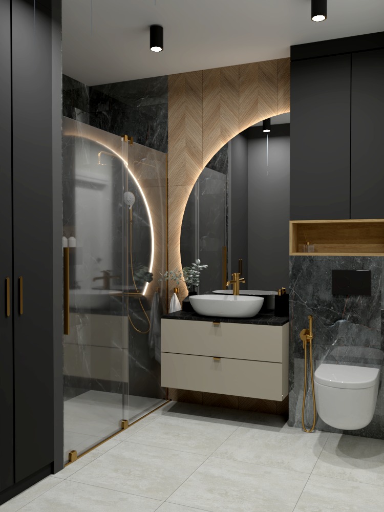 Nowoczesna łazienka z kabiną prysznicową ze złotymi okuciami, umywalką nablatową na szafce w kolorze beżowym i toaletą podwieszaną na tle marmurowych płytek.