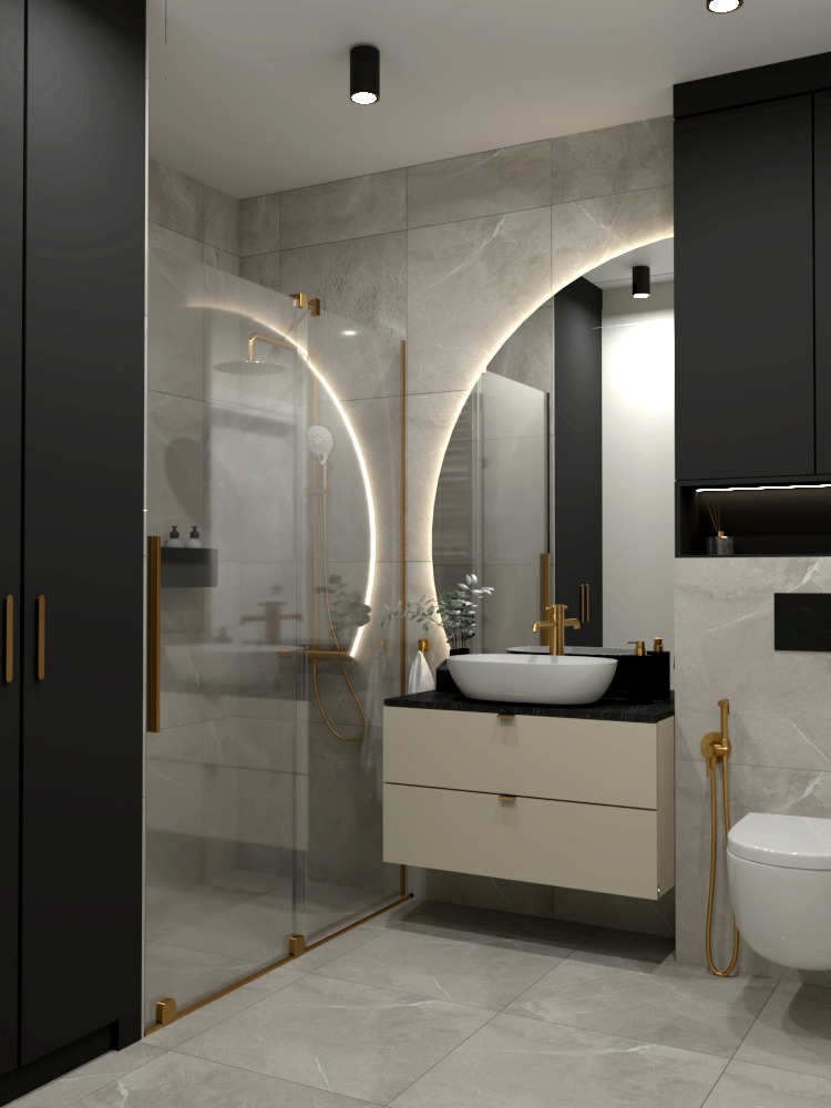 Nowoczesna łazienka z kabiną prysznicową typu walk-in, umywalką nablatową na szafce z beżowymi frontami i podświetlanym lustrem w kształcie łuku, wykończona płytkami imitującymi marmur.
