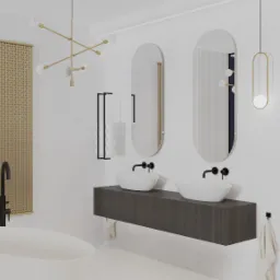 Wizualizacja nowoczesnej łazienki z dwoma owalnymi umywalkami nablatowymi, czarną armaturą, podwieszaną szafką z ciemnego drewna oraz owalnymi lustrami. Oświetlenie stanowią złote lampy wiszące...