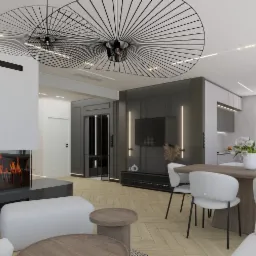 Wizualizacja nowoczesnego salonu z kominkiem, okrągłym stołem jadalnym i otwartą kuchnią w tle. Charakterystyczne oświetlenie sufitowe w formie ażurowych okręgów.