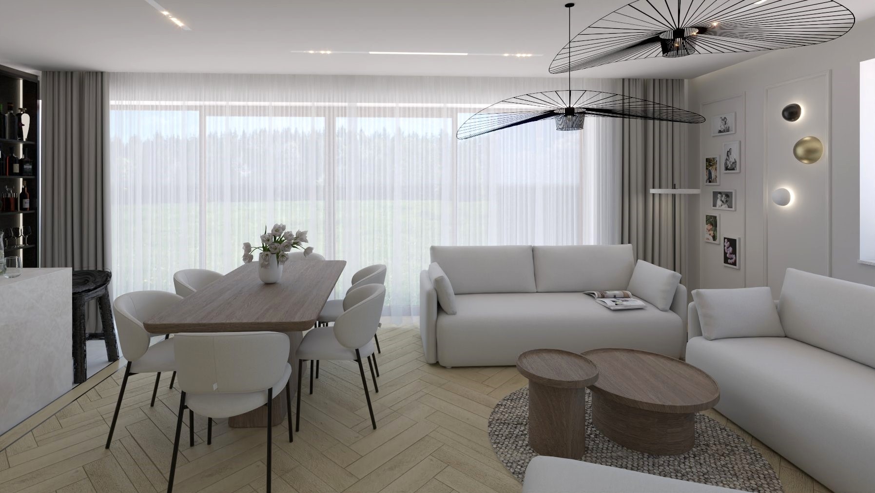 Projekt wnętrza salonu z aneksem kuchennym i kominkiem w Grudziądzu