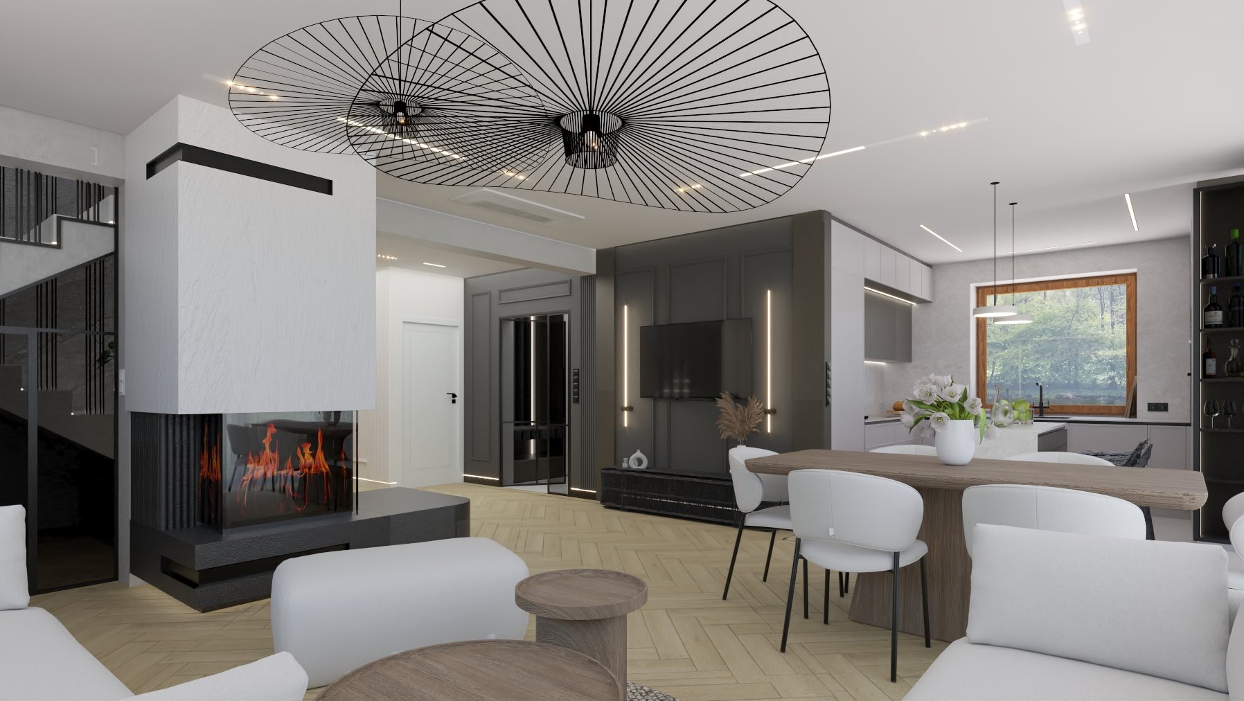 Wizualizacja nowoczesnego salonu z kominkiem, okrągłym stołem jadalnym i otwartą kuchnią w tle. Charakterystyczne oświetlenie sufitowe w formie ażurowych okręgów.