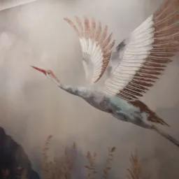 Malowidło ścienne przedstawiające żurawia w locie na tle mglistego krajobrazu z elementami roślinności w odcieniach szarości, bieli i złota. Delikatne przejścia tonalne i subtelne detale piór.