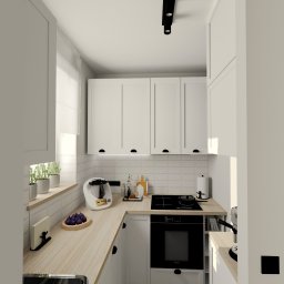 FUNKCJA Studio wnętrz - Wizualizacja małej kuchni w bieli z drewnianym blatem. Widoczne rośliny w doniczkach na parapecie, płyta indukcyjna i piekarnik. Minimalistyczny design i nowoczesne oświetlenie.