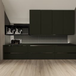 FUNKCJA Studio wnętrz - Nowoczesna, minimalistyczna kuchnia w odcieniach szarości i czerni. Górne szafki wiszące, podświetlenie LED, drewniana podłoga i zasłona w tle.