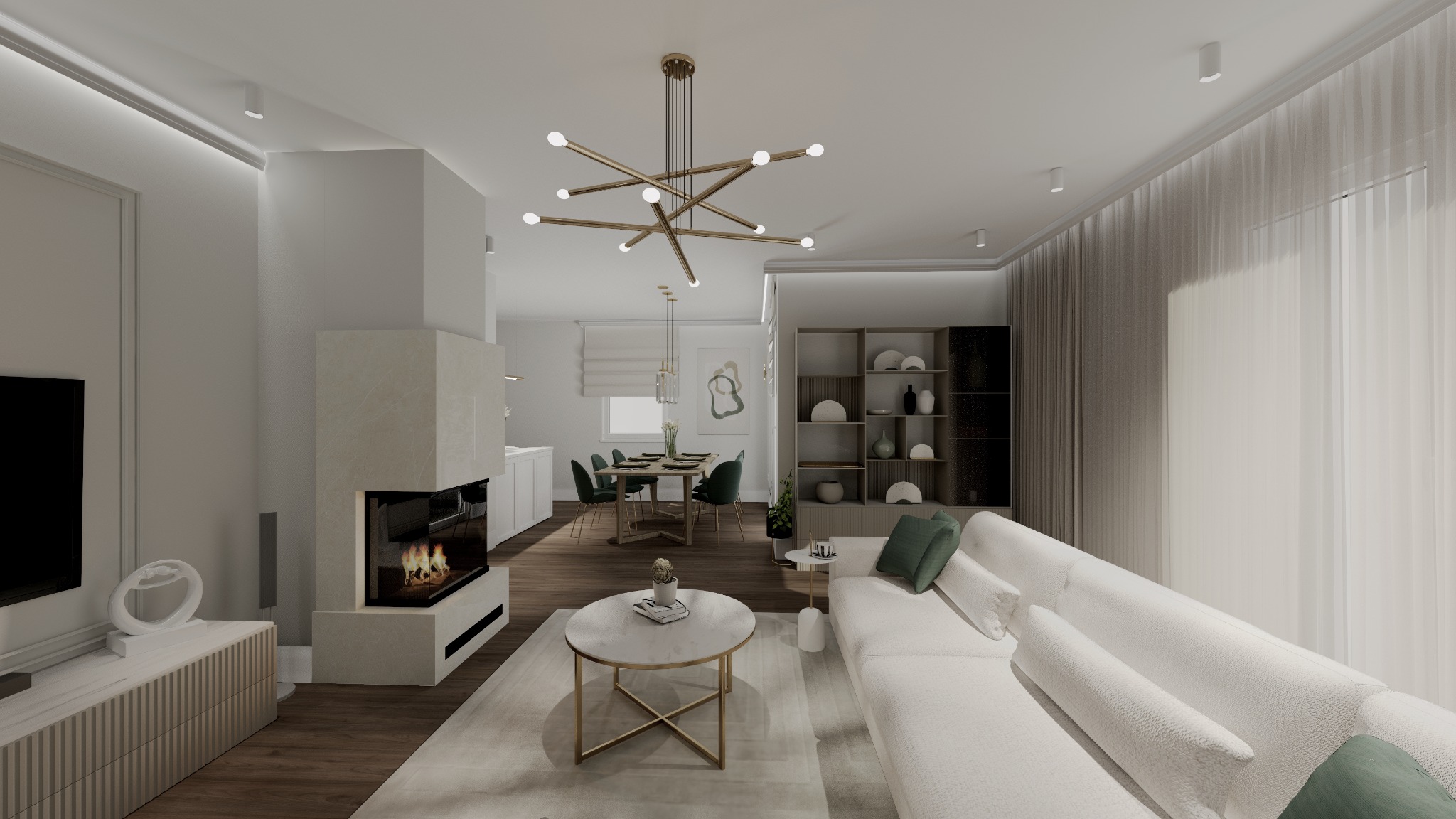 Wnętrze salonu z kominkiem i jadalnią w stylu minimalistycznym. Widoczny biały narożnik, okrągły stolik kawowy i nowoczesna lampa sufitowa.