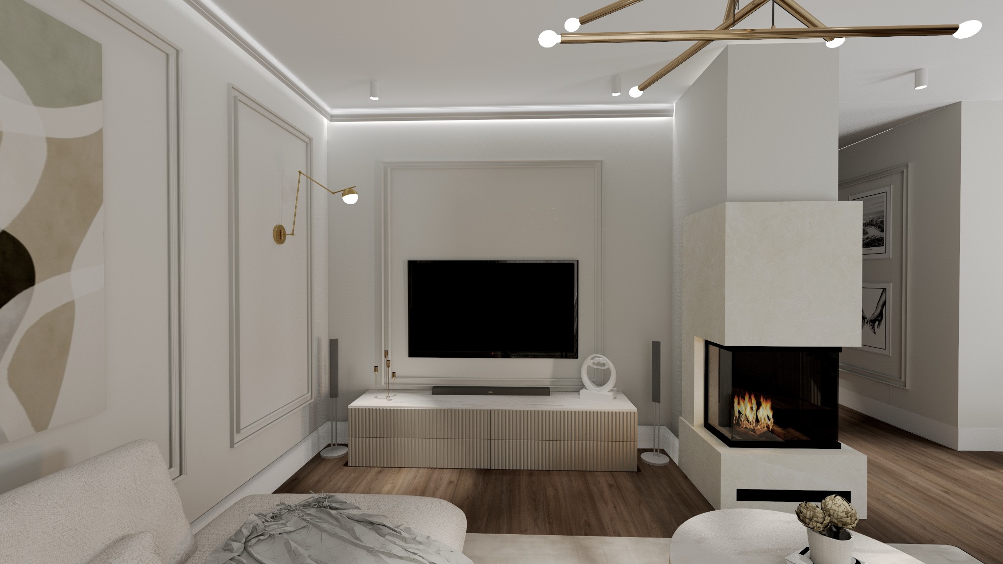 Elegancki salon z kominkiem i telewizorem w ramie. Jasne barwy, drewniana podłoga, designerskie oświetlenie. Minimalistyczny styl z akcentami sztuki na ścianach.