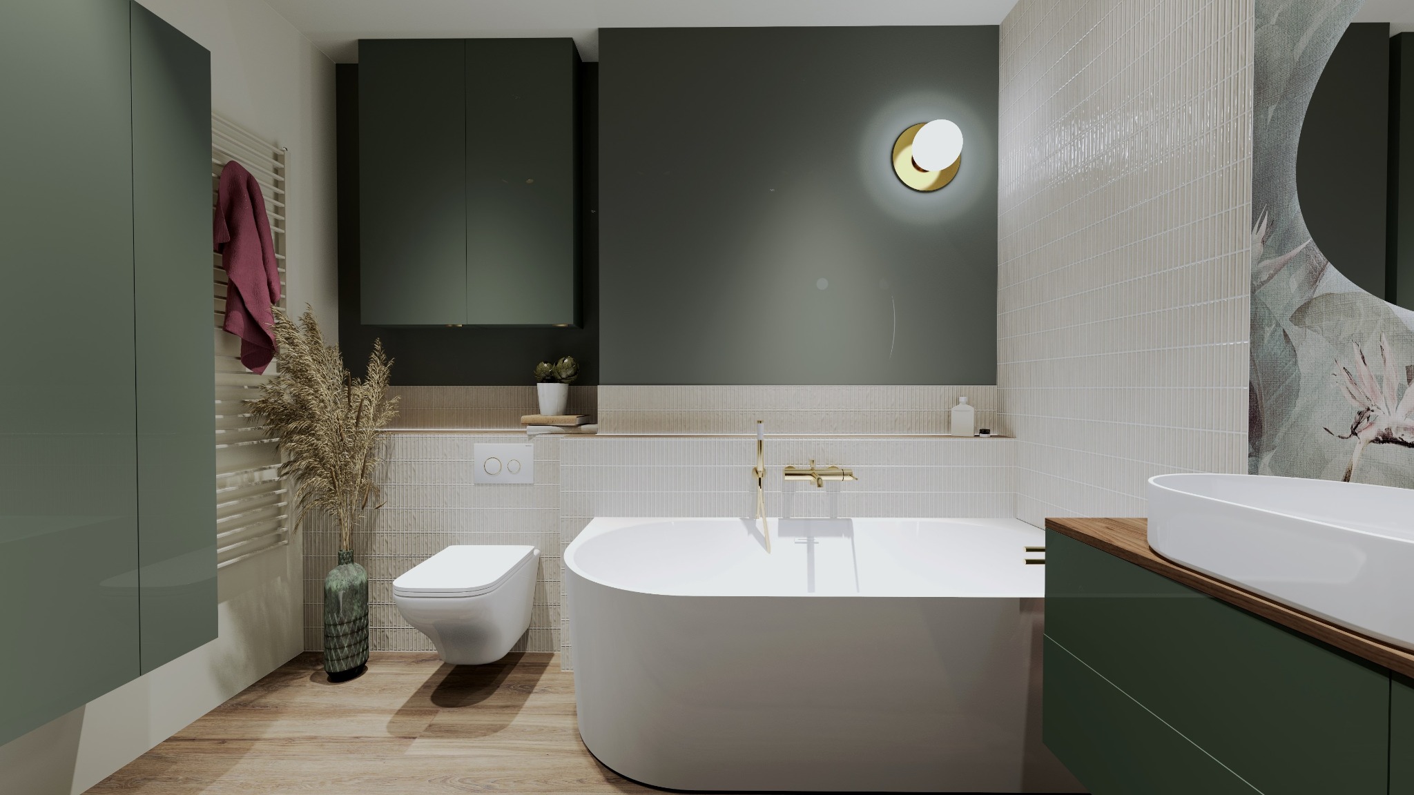 Nowoczesna łazienka z wanną, toaletą i umywalką w odcieniach zieleni i bieli. Złota armatura i subtelne oświetlenie dodają elegancji. Dekoracyjny motyw kwiatowy na ścianie.