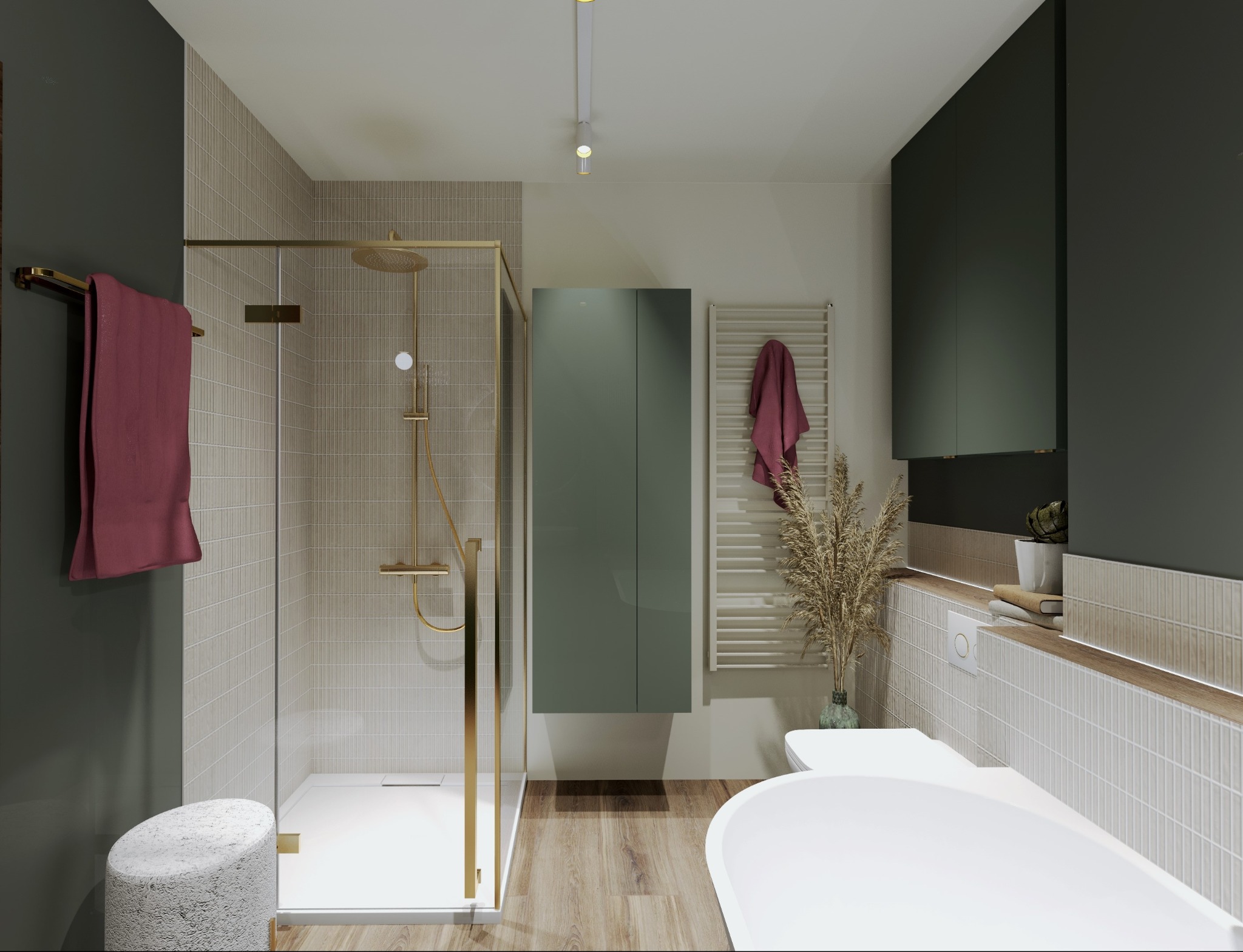 Nowoczesna łazienka z kabiną prysznicową w złotych ramach, drewnianą podłogą i zielonymi akcentami kolorystycznymi. Minimalistyczny design z dbałością o detale.