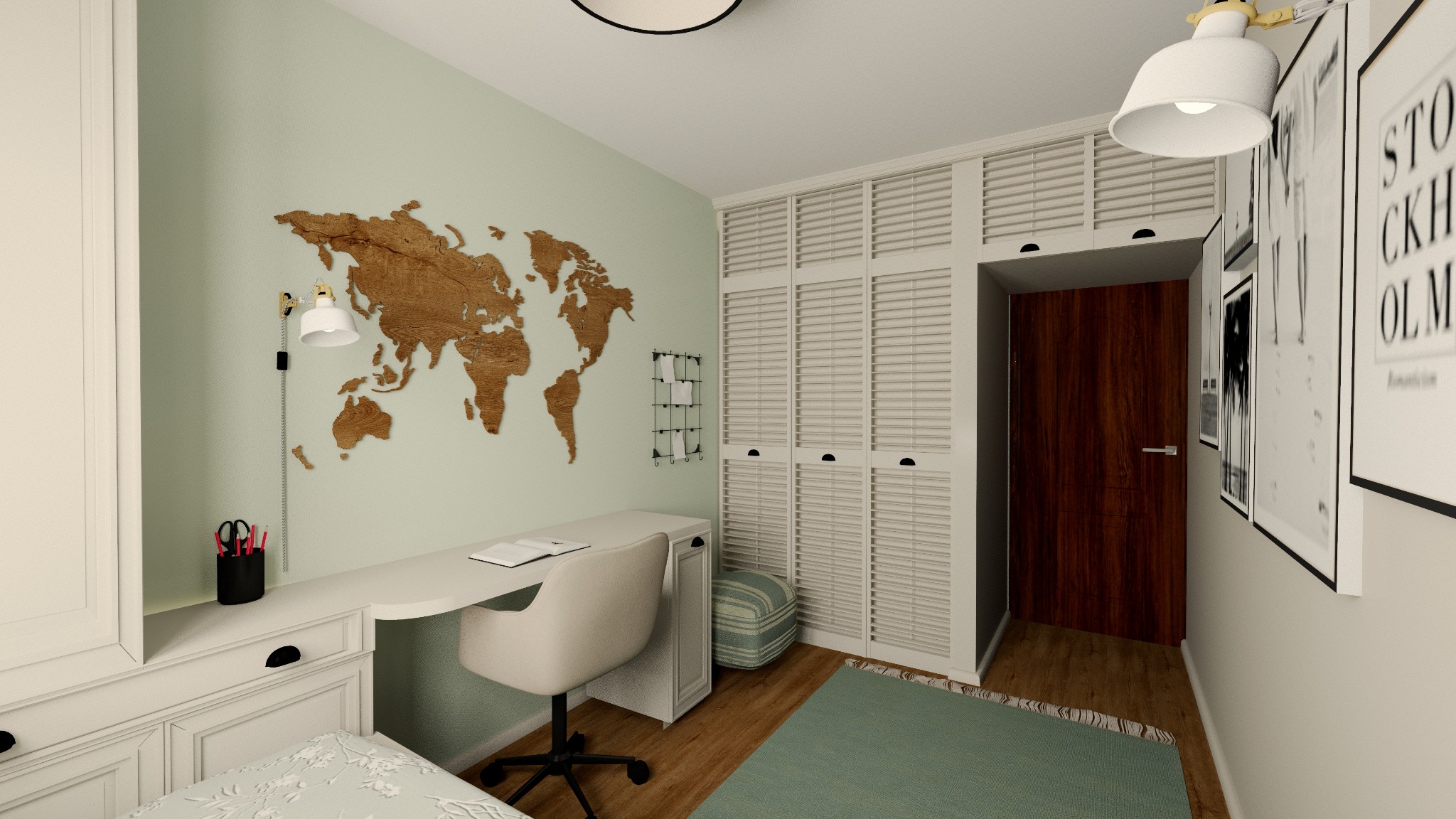 Pokój młodzieżowy z biurkiem, mapą świata na ścianie i szafą z lamelowymi drzwiami. Stonowana kolorystyka, nowoczesny styl. Widok na dywan i dekoracje ścienne.