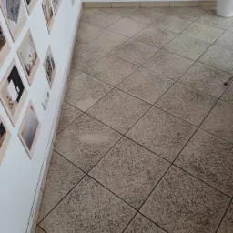 Beżowa, kwadratowa podłoga z terakoty ułożona pod kątem, przy białej ścianie z ramkami zdjęć i gniazdkami elektrycznymi oraz rośliną doniczkową w tle.