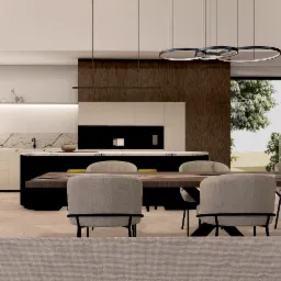 Nowoczesna kuchnia z wyspą i stołem jadalnym, krzesła tapicerowane szarą tkaniną, podłoga z jasnego drewna ułożona w jodełkę, marmurowy backsplash i minimalistyczne oświetlenie.