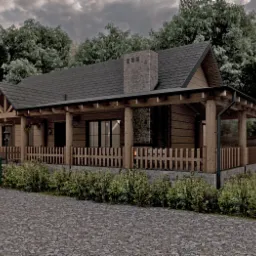 Wizualizacja drewnianego domu z gankiem, kamiennym kominem i podjazdem z kostki, obok zaparkowany Hummer.