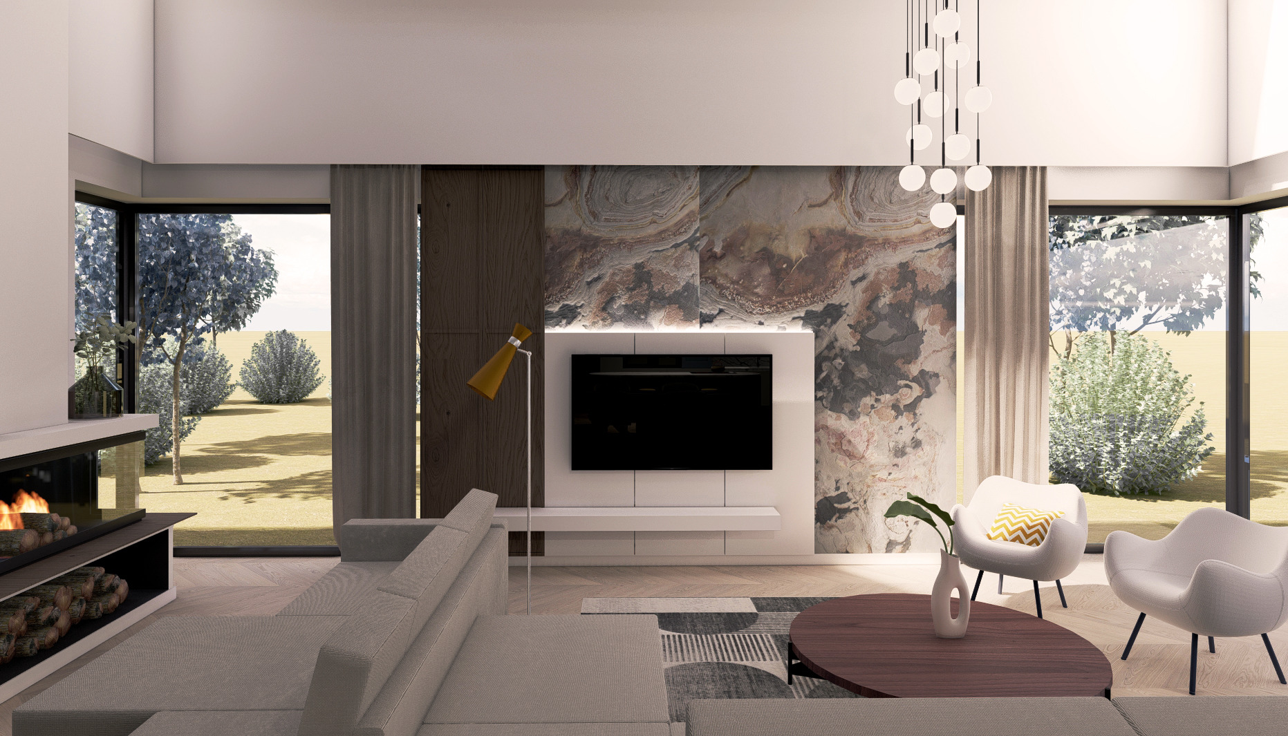 Nowoczesny salon z kominkiem, telewizorem na tle kamiennej ściany, szarą sofą, okrągłym stolikiem kawowym i widokiem na ogród przez duże okna.