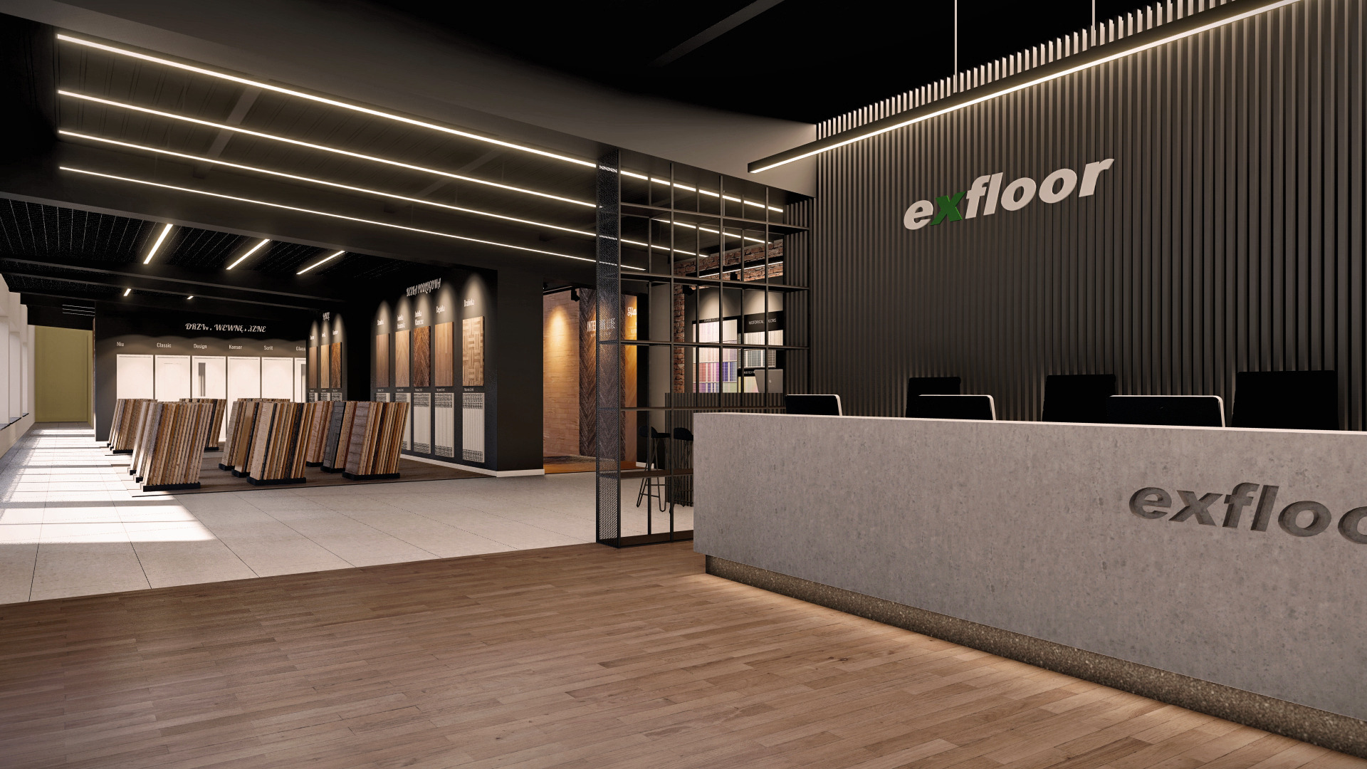 Wnętrze salonu sprzedaży podłóg Exfloor z ekspozycją paneli podłogowych, ladą recepcyjną z logo firmy i oświetleniem LED.