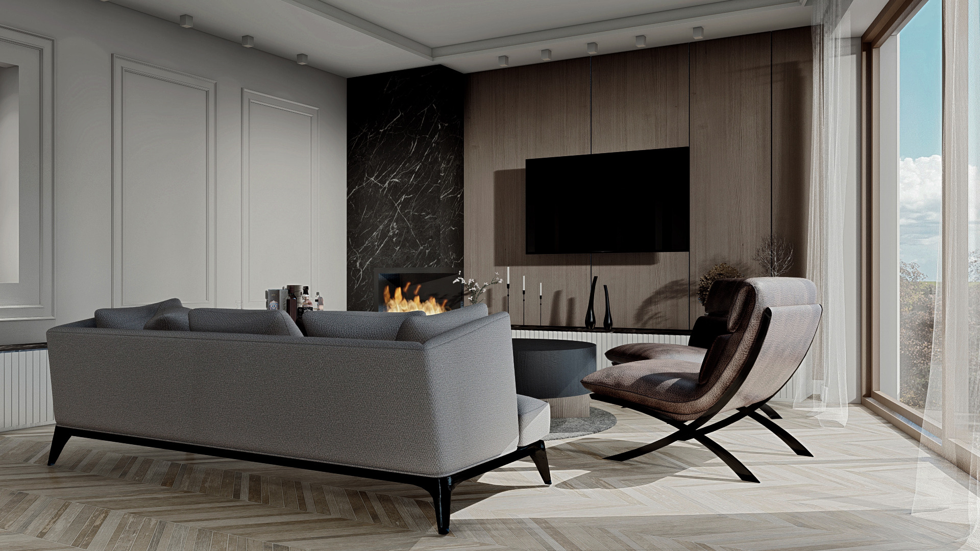 Nowoczesny salon z szarą sofą, marmurowym kominkiem, drewnianą ścianą z telewizorem i designerskim fotelem przy oknie.