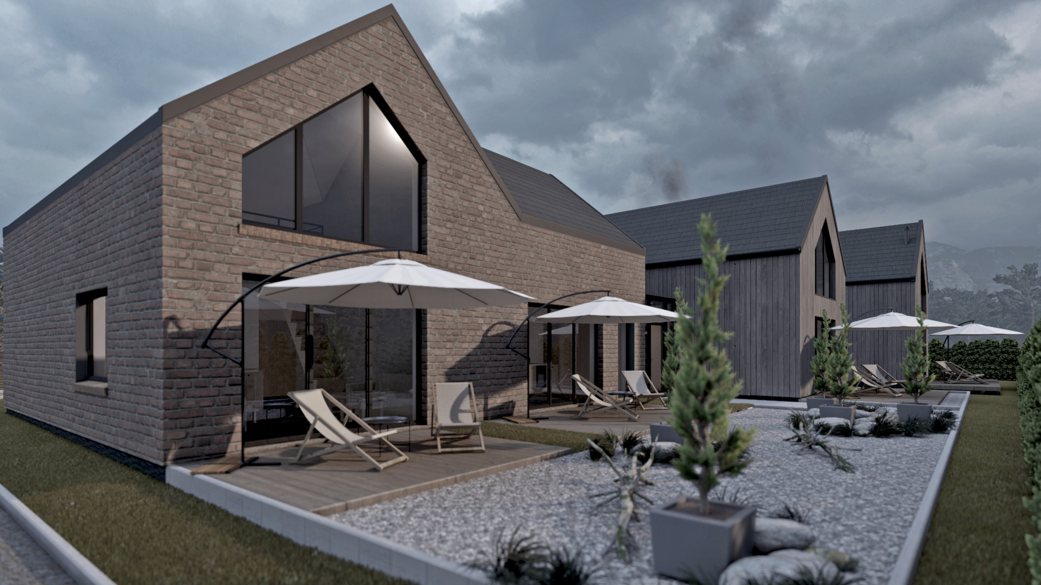 Wizualizacja szeregu nowoczesnych domów jednorodzinnych z cegły i drewna, z tarasami wyposażonymi w leżaki i parasole, otoczonych zielenią i kamieniami ozdobnymi.