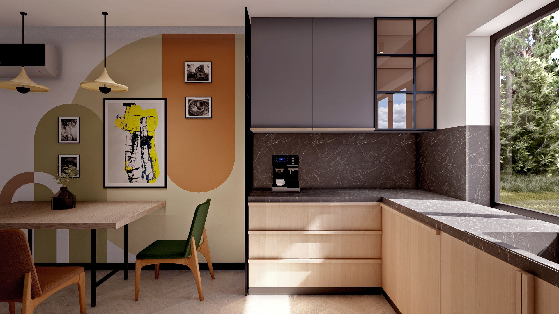 Wizualizacja nowoczesnej kuchni z drewnianymi frontami szafek, marmurowym blatem, ekspresem do kawy, stołem z krzesłami i abstrakcyjnym obrazem na ścianie.