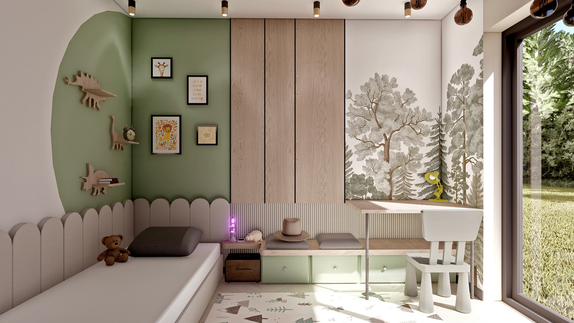 Pokój dziecięcy w stylu skandynawskim z zieloną ścianą, drewnianymi półkami w kształcie dinozaurów, łóżkiem z ozdobnym zagłówkiem, biurkiem z widokiem na ogród i tapetą z motywem leśnym.