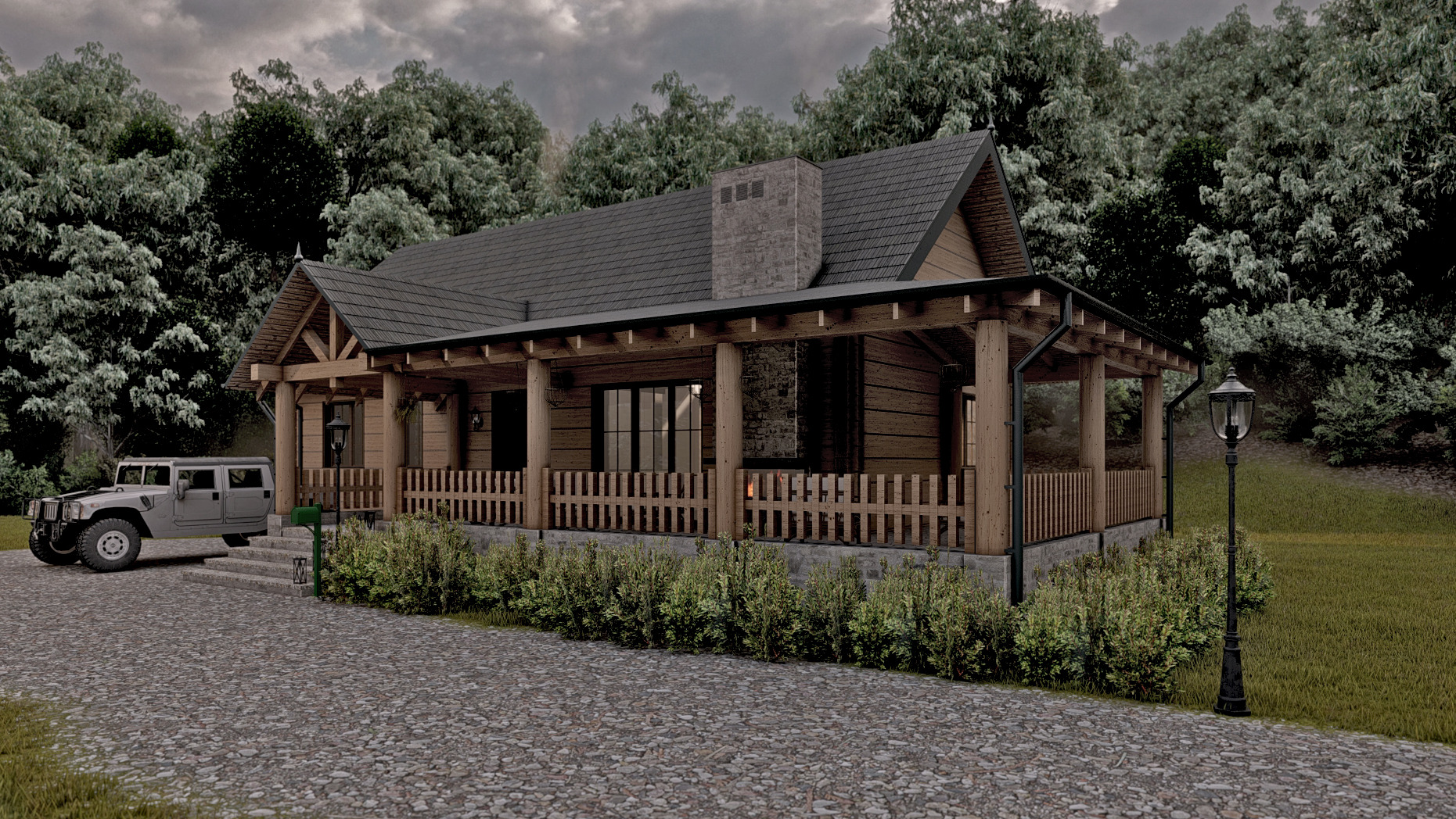 Wizualizacja drewnianego domu z gankiem, kamiennym kominem i podjazdem z kostki, obok zaparkowany Hummer.