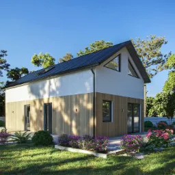 Wizualizacja nowoczesnego domu z drewnianą elewacją i białym tynkiem, ciemny dach, otoczonego zielenią i kwitnącymi rabatami, oświetlonego słonecznym światłem.