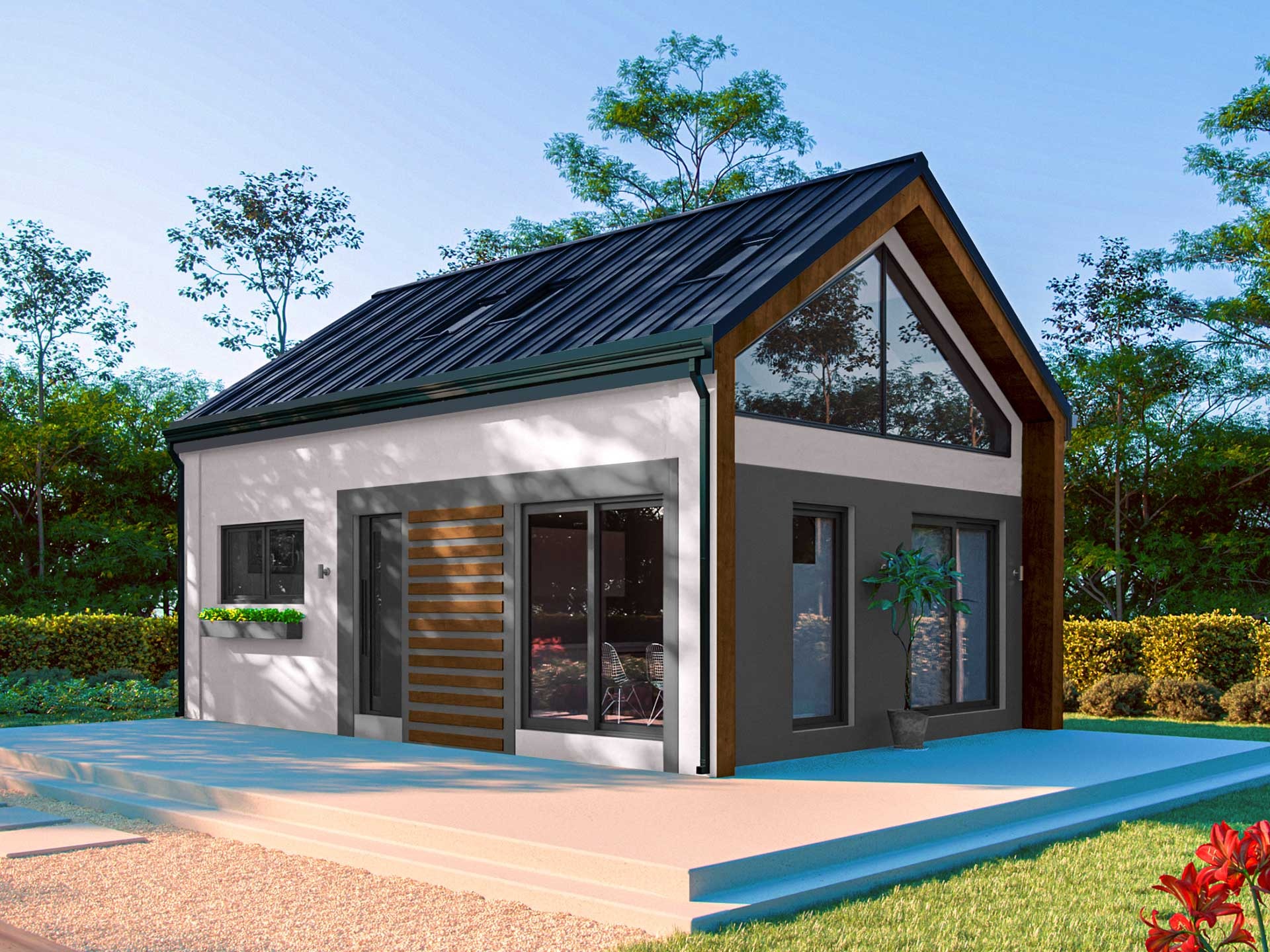 Wizualizacja nowoczesnego, parterowego domu z czarnym, skośnym dachem, dużym trójkątnym oknem szczytowym i drewnianymi akcentami, otoczonego zielenią.
