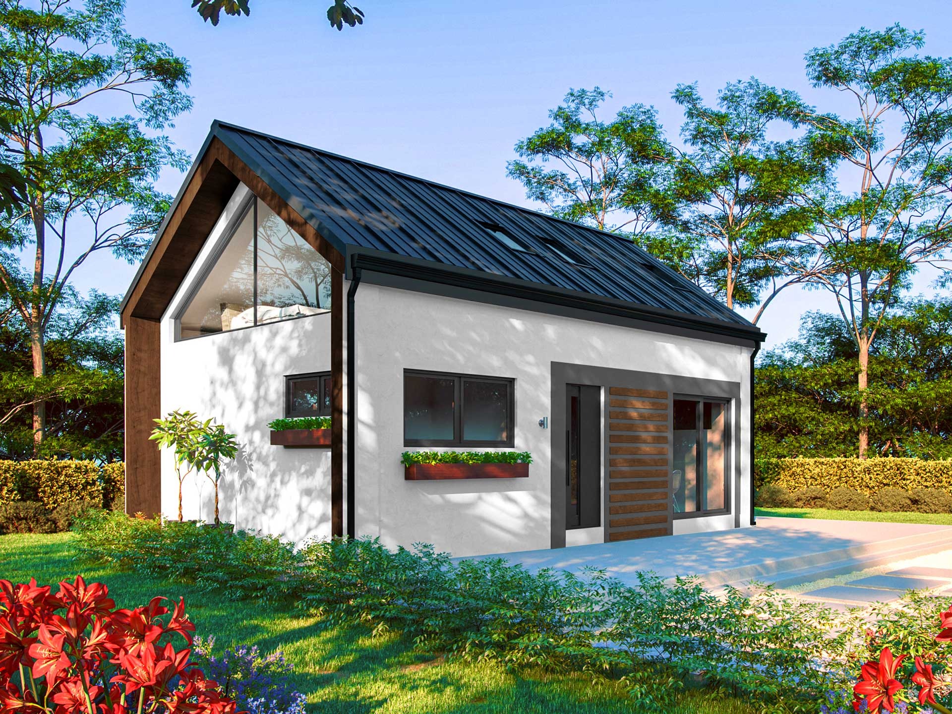 Wizualizacja niewielkiego, nowoczesnego domu z białą elewacją, czarnym dachem dwuspadowym i dużym trójkątnym oknem szczytowym, otoczonego zielenią i kwiatami.