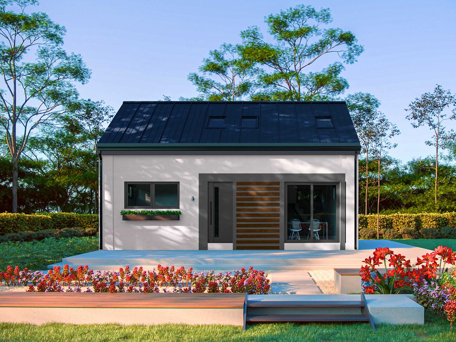 Wizualizacja parterowego domu z płaskim dachem krytym blachą na tle zieleni. Minimalistyczna bryła z dużymi oknami i drewnianymi akcentami przy wejściu. Ogródek z czerwonymi kwiatami na pierwszym...