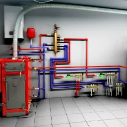 Czerwony kocioł grzewczy z podajnikiem, zbiornik buforowy, orurowanie w kolorach niebieskim i czerwonym oraz osprzęt w kotłowni z szarą podłogą z płytek.