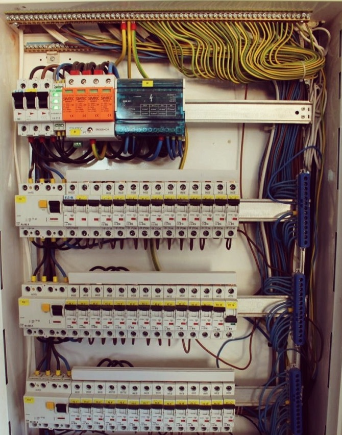 Rozdzielnia elektryczna z zainstalowanymi zabezpieczeniami przeciwprzepięciowymi, widoczne liczne przewody w różnych kolorach i bezpieczniki.