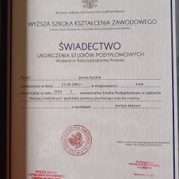 Świadectwo ukończenia studiów podyplomowych w zakresie mediacji rodzinnych