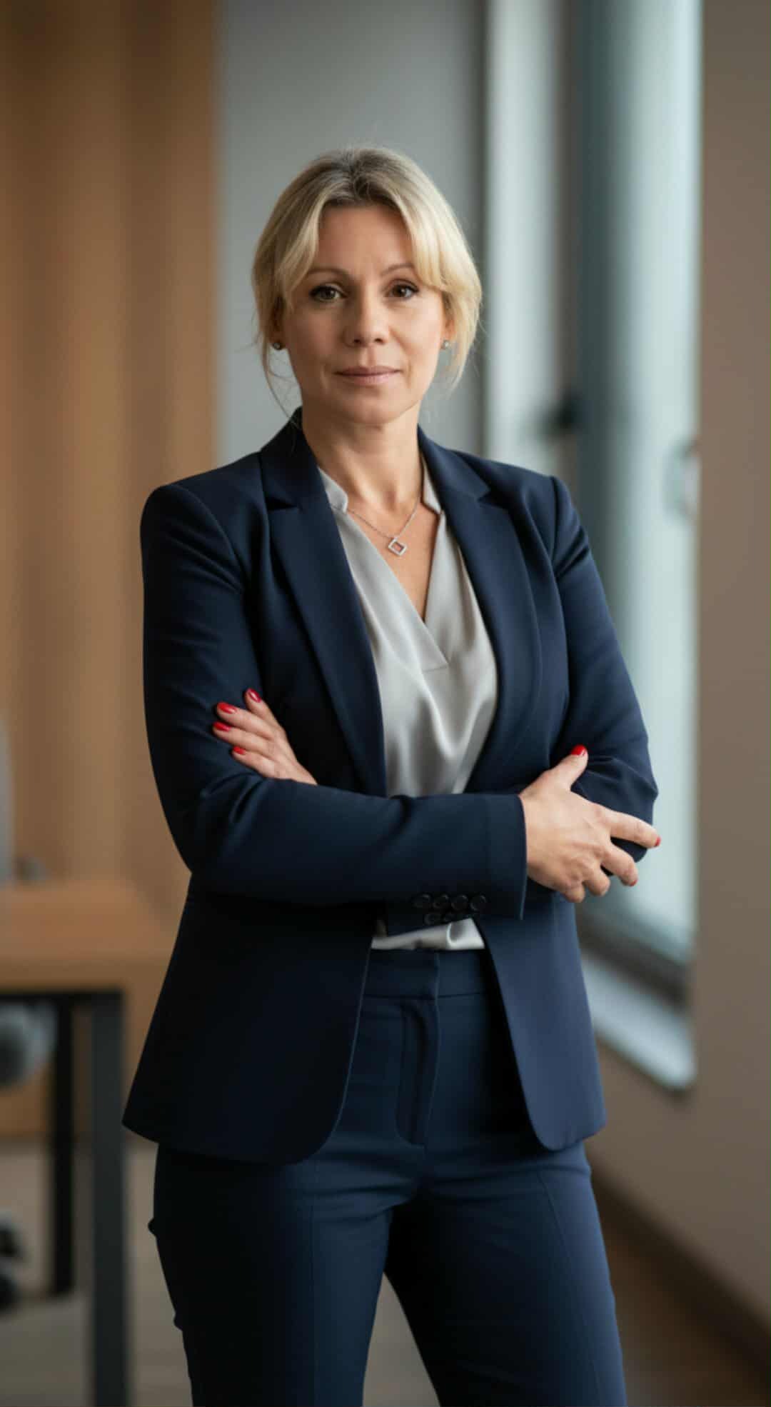 Portret kobiety w granatowym garniturze, skrzyżowane ręce, subtelna biżuteria, naturalne światło, profesjonalny wizerunek.