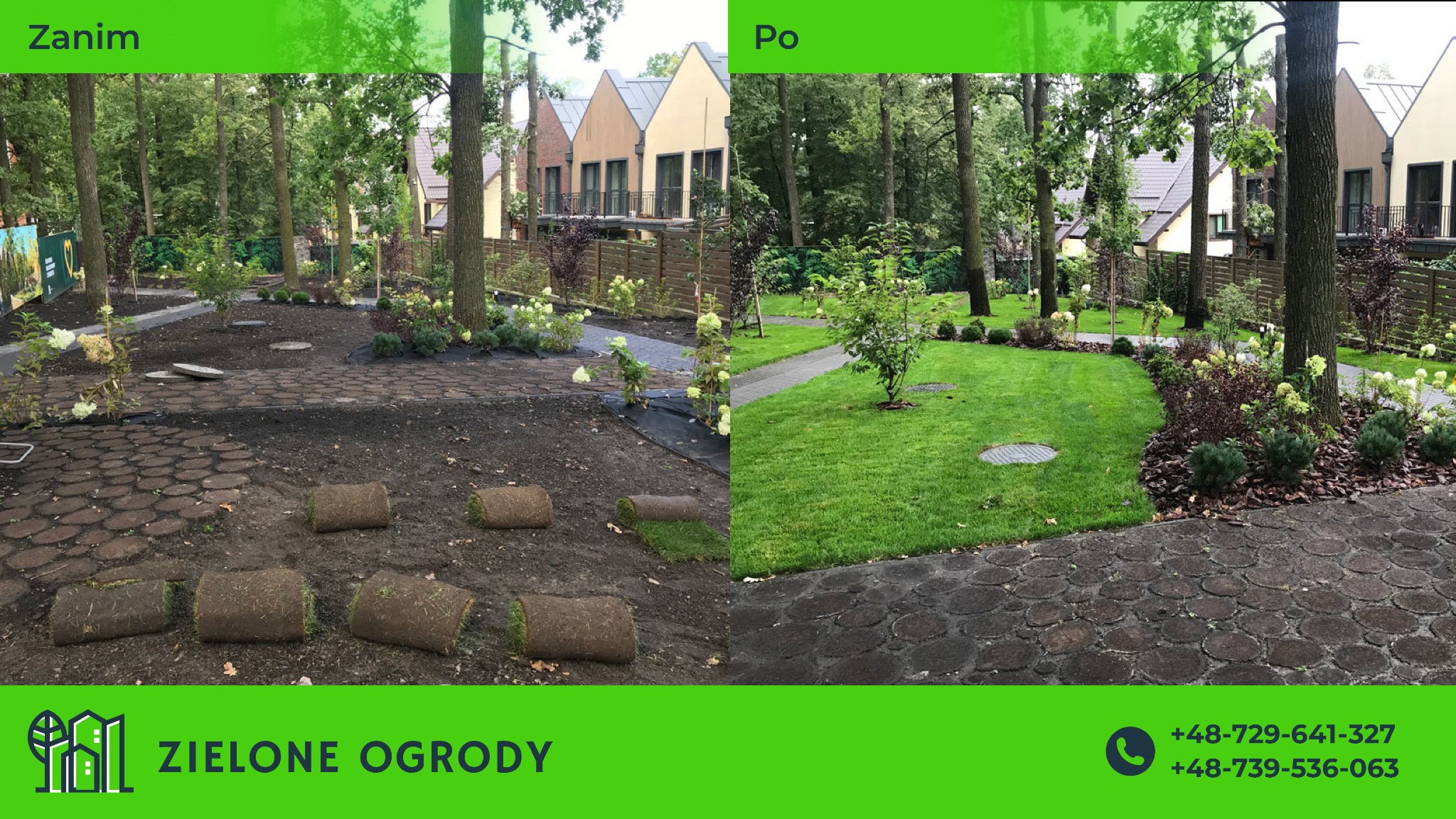 Porównanie stanu ogrodu przed i po założeniu trawnika z rolki, widoczne ułożone fragmenty darni przed oraz równy, zielony trawnik po, z nasadzeniami krzewów i drzew.