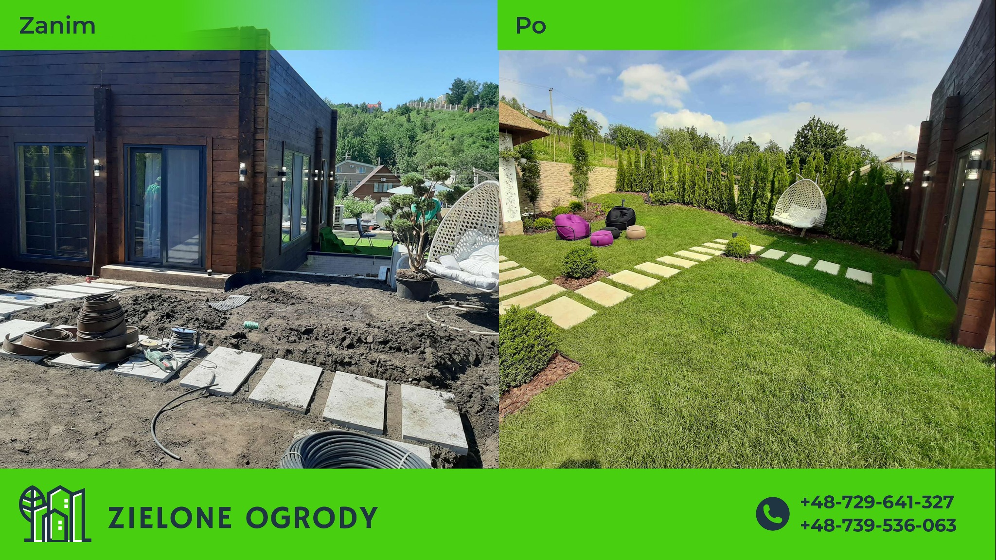 Porównanie stanu ogrodu przed i po: widok na drewniany dom z tarasem, ścieżka z płyt betonowych w trakcie układania i po zakończeniu prac, z zielonym trawnikiem, krzewami i miejscem do wypoczynku...