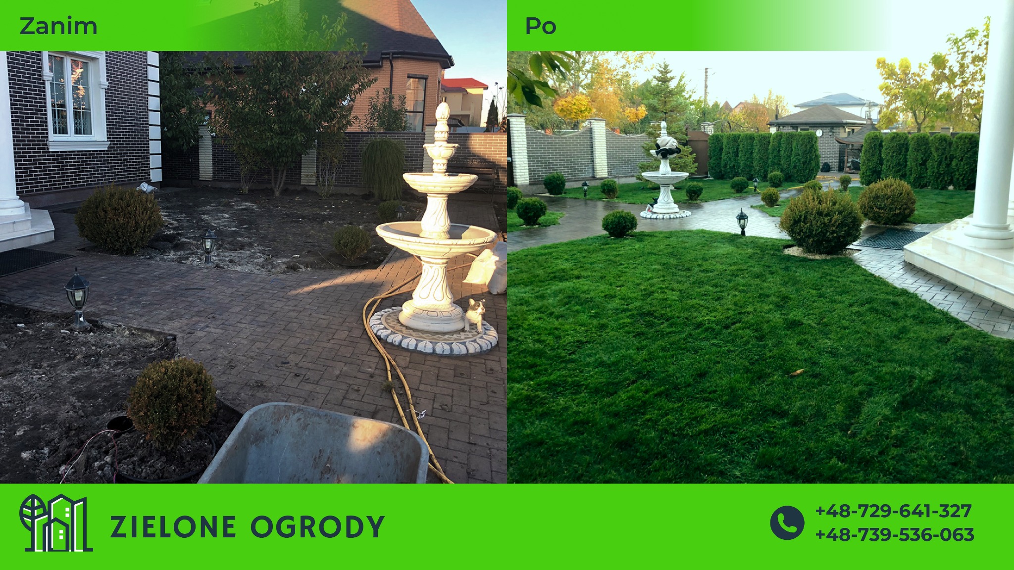 Porównanie stanu 'przed' i 'po' zagospodarowania terenu: ziemia uprawiana i nieuprawiana, fontanna ogrodowa, trawnik, kostka brukowa, krzewy, oświetlenie.