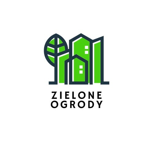 Graficzne logo firmy 'Zielone Ogrody' przedstawiające stylizowane budynki i liść w kolorach zieleni i granatu.