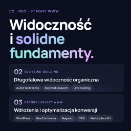 Ideavo Maksymilian Liberski - Grafika z hasłami: Widoczność i solidne fundamenty, Długofalowa widoczność organiczna, Wdrożenia i optymalizacja konwersji. SEO, Link-building, Strony i sklepy WWW.