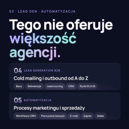 Ideavo Maksymilian Liberski - Grafika z hasłem 'Tego nie oferuje większość agencji' i opisem usług: cold mailing, automatyzacja procesów marketingu i sprzedaży, lead generation B2B.