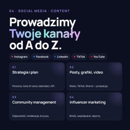 Ideavo Maksymilian Liberski - Grafika prezentująca ofertę prowadzenia kanałów social media od strategii po influencer marketing, z ikonami Instagrama, Facebooka, LinkedIn, TikToka i YouTube.
