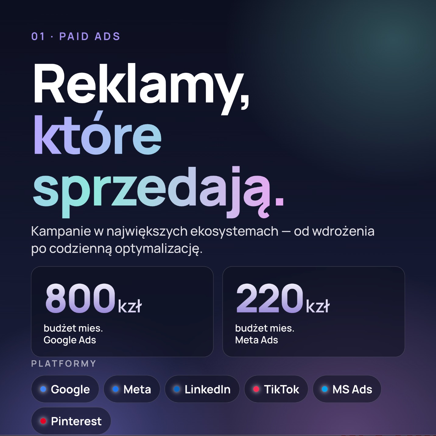 Grafika reklamowa: Reklamy, które sprzedają. Kampanie w ekosystemach Google, Meta, LinkedIn, TikTok, MS Ads, Pinterest. Budżety miesięczne: 800 zł (Google Ads), 220 zł (Meta Ads).
