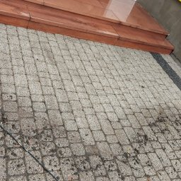 DGS - Częściowo wyczyszczona kostka brukowa przed wejściem do budynku z brązowymi schodami, widoczny wąż do mycia ciśnieniowego.