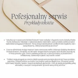 Elegancki baner reklamowy z napisem 'Profesjonalny serwis Przykłady tekstów' i fragmentami tekstów ofertowych dotyczących biżuterii, mebli i akcesoriów rowerowych, utrzymany w stonowanej kolorystyce.