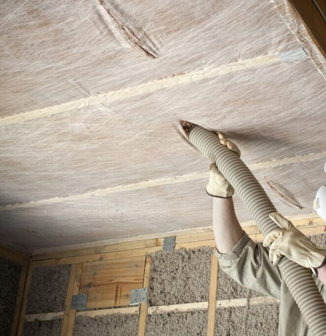 wdmuchiwanie wełny celulozowej w skos dachu. Welna lezy za membranie. Nie potrzebuje paro izolacji bo oddycha Hot Space